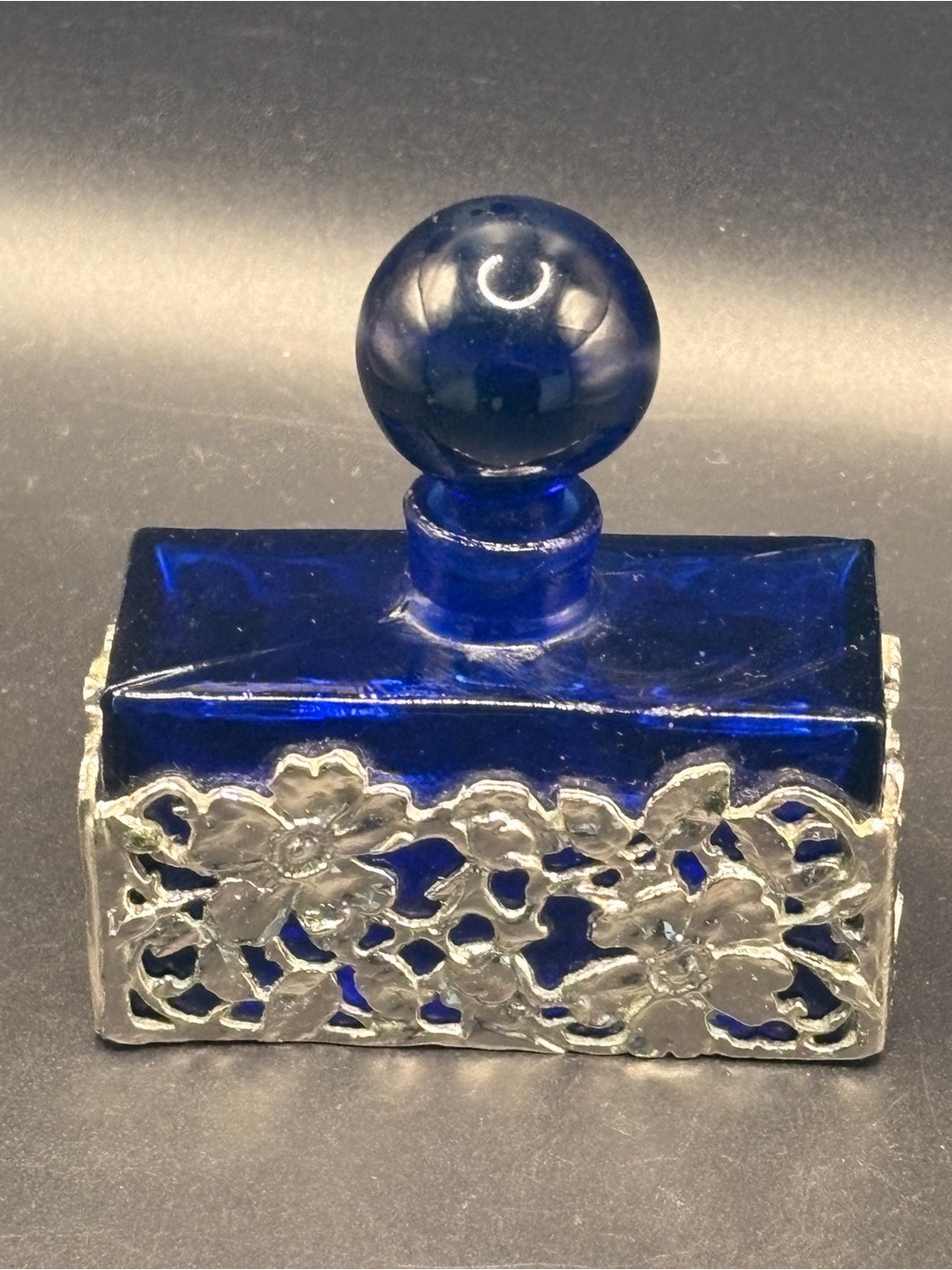 Vintage Cobalt Blue Glass Perfume Bottle Silver Floral Filigree Stopper